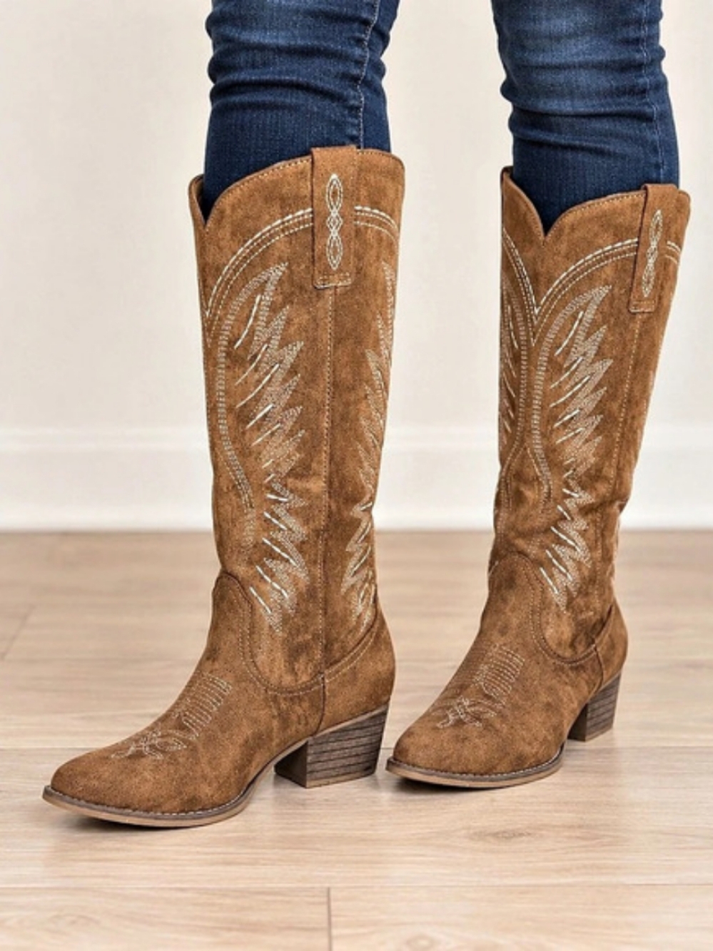 Brown Faux Suede Embroidered Western Cowboy Boots Size 5